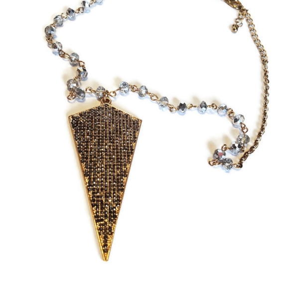 Gold Tone Paved Arrowhead Geometric Pendant On A Chain With Faceted Crystal Bead - Picture 3 of 4